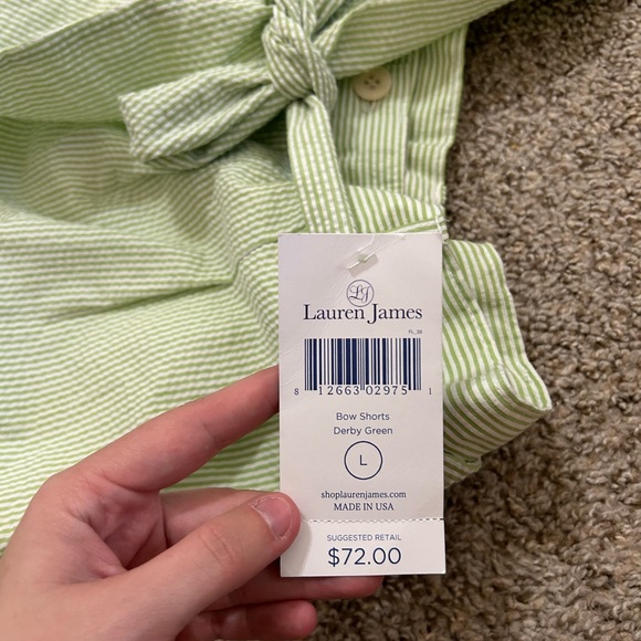 NWT Lauren James Bow Shorts Size L Seersucker Striped Tie Waist Cuffed Hem Green - Picture 4 of 8